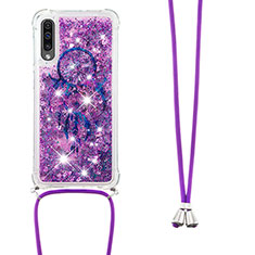 Custodia Silicone Cover Morbida Bling-Bling con Cinghia Cordino Mano S02 per Samsung Galaxy A30S Viola