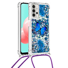 Custodia Silicone Cover Morbida Bling-Bling con Cinghia Cordino Mano S02 per Samsung Galaxy A32 4G Blu