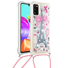 Custodia Silicone Cover Morbida Bling-Bling con Cinghia Cordino Mano S02 per Samsung Galaxy A41 Rosa