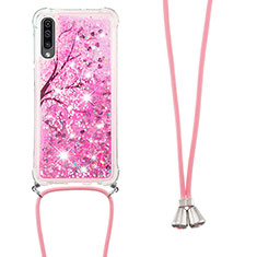 Custodia Silicone Cover Morbida Bling-Bling con Cinghia Cordino Mano S02 per Samsung Galaxy A50S Rosa Caldo