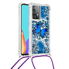 Custodia Silicone Cover Morbida Bling-Bling con Cinghia Cordino Mano S02 per Samsung Galaxy A52 4G Blu