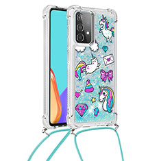 Custodia Silicone Cover Morbida Bling-Bling con Cinghia Cordino Mano S02 per Samsung Galaxy A52 5G Cielo Blu