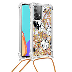 Custodia Silicone Cover Morbida Bling-Bling con Cinghia Cordino Mano S02 per Samsung Galaxy A52 5G Oro