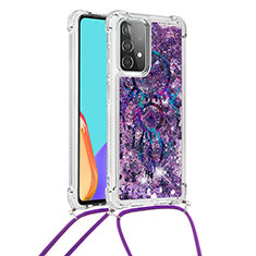 Custodia Silicone Cover Morbida Bling-Bling con Cinghia Cordino Mano S02 per Samsung Galaxy A52 5G Viola