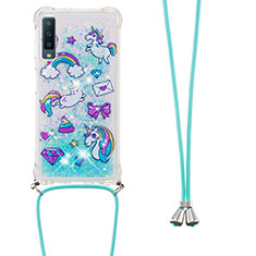 Custodia Silicone Cover Morbida Bling-Bling con Cinghia Cordino Mano S02 per Samsung Galaxy A7 (2018) A750 Cielo Blu