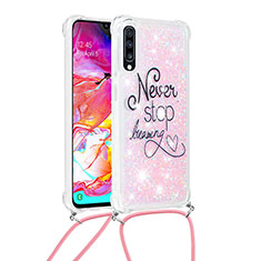 Custodia Silicone Cover Morbida Bling-Bling con Cinghia Cordino Mano S02 per Samsung Galaxy A70 Multicolore