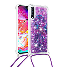 Custodia Silicone Cover Morbida Bling-Bling con Cinghia Cordino Mano S02 per Samsung Galaxy A70 Viola