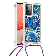 Custodia Silicone Cover Morbida Bling-Bling con Cinghia Cordino Mano S02 per Samsung Galaxy A72 4G Blu