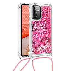 Custodia Silicone Cover Morbida Bling-Bling con Cinghia Cordino Mano S02 per Samsung Galaxy A72 4G Rosa Caldo