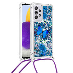 Custodia Silicone Cover Morbida Bling-Bling con Cinghia Cordino Mano S02 per Samsung Galaxy A73 5G Blu