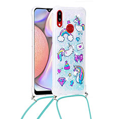 Custodia Silicone Cover Morbida Bling-Bling con Cinghia Cordino Mano S02 per Samsung Galaxy M01s Cielo Blu