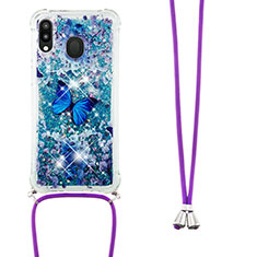 Custodia Silicone Cover Morbida Bling-Bling con Cinghia Cordino Mano S02 per Samsung Galaxy M20 Blu