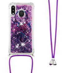 Custodia Silicone Cover Morbida Bling-Bling con Cinghia Cordino Mano S02 per Samsung Galaxy M20 Viola