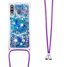 Custodia Silicone Cover Morbida Bling-Bling con Cinghia Cordino Mano S02 per Samsung Galaxy M30 Blu