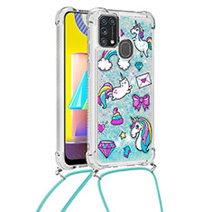 Custodia Silicone Cover Morbida Bling-Bling con Cinghia Cordino Mano S02 per Samsung Galaxy M31 Cielo Blu