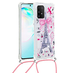 Custodia Silicone Cover Morbida Bling-Bling con Cinghia Cordino Mano S02 per Samsung Galaxy S10 Lite Rosa