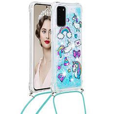 Custodia Silicone Cover Morbida Bling-Bling con Cinghia Cordino Mano S02 per Samsung Galaxy S20 Cielo Blu