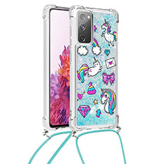 Custodia Silicone Cover Morbida Bling-Bling con Cinghia Cordino Mano S02 per Samsung Galaxy S20 FE 4G Cielo Blu