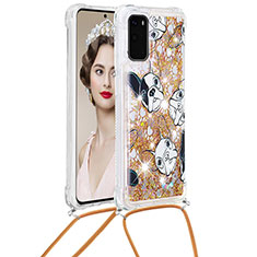 Custodia Silicone Cover Morbida Bling-Bling con Cinghia Cordino Mano S02 per Samsung Galaxy S20 Oro