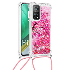 Custodia Silicone Cover Morbida Bling-Bling con Cinghia Cordino Mano S02 per Xiaomi Mi 10T 5G Rosa Caldo