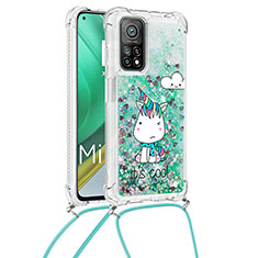 Custodia Silicone Cover Morbida Bling-Bling con Cinghia Cordino Mano S02 per Xiaomi Mi 10T Pro 5G Verde