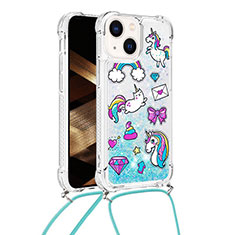 Custodia Silicone Cover Morbida Bling-Bling con Cinghia Cordino Mano S03 per Apple iPhone 14 Azzurro