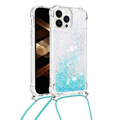 Custodia Silicone Cover Morbida Bling-Bling con Cinghia Cordino Mano S03 per Apple iPhone 14 Pro Cielo Blu