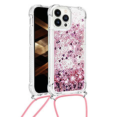 Custodia Silicone Cover Morbida Bling-Bling con Cinghia Cordino Mano S03 per Apple iPhone 14 Pro Max Lavanda