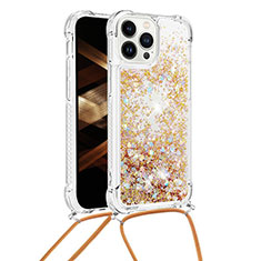 Custodia Silicone Cover Morbida Bling-Bling con Cinghia Cordino Mano S03 per Apple iPhone 14 Pro Max Oro