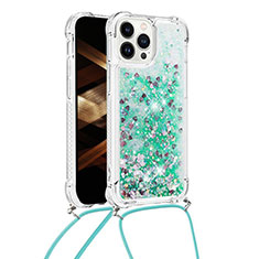 Custodia Silicone Cover Morbida Bling-Bling con Cinghia Cordino Mano S03 per Apple iPhone 14 Pro Verde