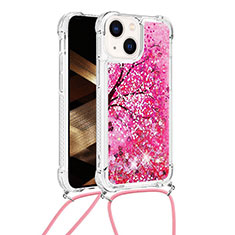 Custodia Silicone Cover Morbida Bling-Bling con Cinghia Cordino Mano S03 per Apple iPhone 14 Rosa Caldo