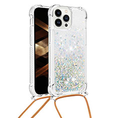 Custodia Silicone Cover Morbida Bling-Bling con Cinghia Cordino Mano S03 per Apple iPhone 15 Pro Max Azzurro