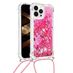 Custodia Silicone Cover Morbida Bling-Bling con Cinghia Cordino Mano S03 per Apple iPhone 15 Pro Max Rosso