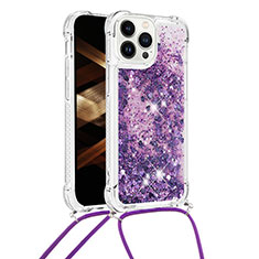 Custodia Silicone Cover Morbida Bling-Bling con Cinghia Cordino Mano S03 per Apple iPhone 15 Pro Max Viola