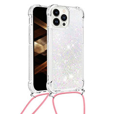 Custodia Silicone Cover Morbida Bling-Bling con Cinghia Cordino Mano S03 per Apple iPhone 16 Pro Max Argento