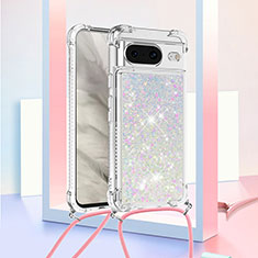 Custodia Silicone Cover Morbida Bling-Bling con Cinghia Cordino Mano S03 per Google Pixel 8 5G Bianco