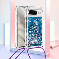 Custodia Silicone Cover Morbida Bling-Bling con Cinghia Cordino Mano S03 per Google Pixel 8 5G Blu