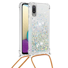 Custodia Silicone Cover Morbida Bling-Bling con Cinghia Cordino Mano S03 per Samsung Galaxy A02 Argento