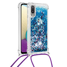 Custodia Silicone Cover Morbida Bling-Bling con Cinghia Cordino Mano S03 per Samsung Galaxy A02 Blu