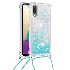 Custodia Silicone Cover Morbida Bling-Bling con Cinghia Cordino Mano S03 per Samsung Galaxy A02 Cielo Blu