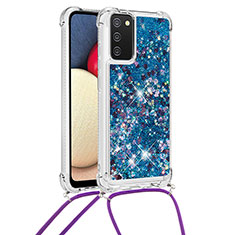 Custodia Silicone Cover Morbida Bling-Bling con Cinghia Cordino Mano S03 per Samsung Galaxy A03s Blu