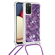 Custodia Silicone Cover Morbida Bling-Bling con Cinghia Cordino Mano S03 per Samsung Galaxy A03s Viola