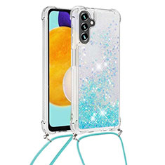 Custodia Silicone Cover Morbida Bling-Bling con Cinghia Cordino Mano S03 per Samsung Galaxy A04s Cielo Blu