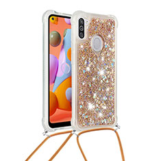 Custodia Silicone Cover Morbida Bling-Bling con Cinghia Cordino Mano S03 per Samsung Galaxy A11 Oro