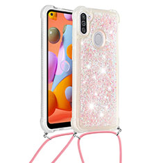 Custodia Silicone Cover Morbida Bling-Bling con Cinghia Cordino Mano S03 per Samsung Galaxy A11 Rosa