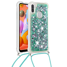 Custodia Silicone Cover Morbida Bling-Bling con Cinghia Cordino Mano S03 per Samsung Galaxy A11 Verde