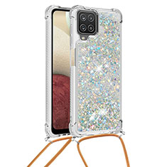 Custodia Silicone Cover Morbida Bling-Bling con Cinghia Cordino Mano S03 per Samsung Galaxy A12 5G Argento