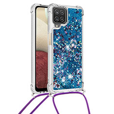 Custodia Silicone Cover Morbida Bling-Bling con Cinghia Cordino Mano S03 per Samsung Galaxy A12 5G Blu