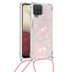 Custodia Silicone Cover Morbida Bling-Bling con Cinghia Cordino Mano S03 per Samsung Galaxy A12 5G Rosa