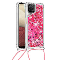 Custodia Silicone Cover Morbida Bling-Bling con Cinghia Cordino Mano S03 per Samsung Galaxy A12 5G Rosa Caldo